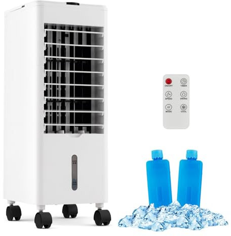 HOMFME 3 in 1 Evaporative Air Cooler, 2.8L 60W Humidifier Cooling Fan with 3 Speeds, 2 Water Tank, Timer, Remote Control, Portable Oscillating Air Conditioner with 2 Ice Pack and Wheels (White)
