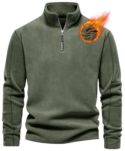 Livonmone Maglione in pile da uomo, caldo, in micropile, mezza zip, per autunno e inverno, verde militare, S