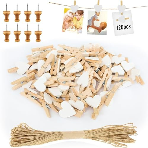 Hengxinc 129PCS Mini Wooden Heart Pegs - 2.4cm Natural Small White Photo Clips With 10m String for Wall Display, Craft, Weddings & Party
