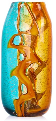 Handgefertigte Glasvase mit bernsteinfarbenen und türkisen Farben – künstlerische dekorative Blumenvase für Heimdekoration, modernes Kunstwerk für Wohnzimmer, Esstisch und Schreibtisch (35,1 cm)