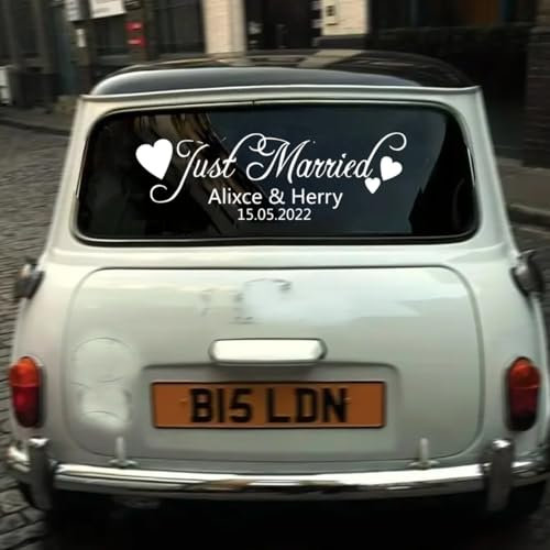 Personalisierter Name Und Datum Weiße Aufkleber Braut Bräutigam Autodekoration Fenster Abnehmbare Vinylaufkleber, Just Married Abnehmbarer Autoaufkleber, Benutzerdefinierter(Brown,L)