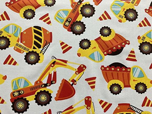 Keine Meterware, Stoffe zum Nähen, Stoff für Kinder, 100% Baumwolle, fest: 0,5m fester Jungen Baumwollstoff mit Fahrzeuge auf der Baustelle - Bagger Kipper LKW Mischer