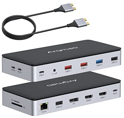 14 in 2 USB C Laptop Docking Station per MacBook Pro Air con triplo display diverso, doppio monitor 4K@60Hz Multiport Type C Adapter, 2 HDMI & DP, porta USB C/A, PD, Ethernet, SD/TF, audio/Mic