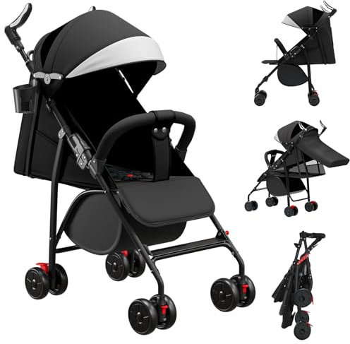 Buggy, Kinderwagen Zusammenklappbar mit Wattepads und Moskitonetzen, Reise-Kinderwagen mit Liegefunktion, Kann Sitzen oder Liegen (schwarz)