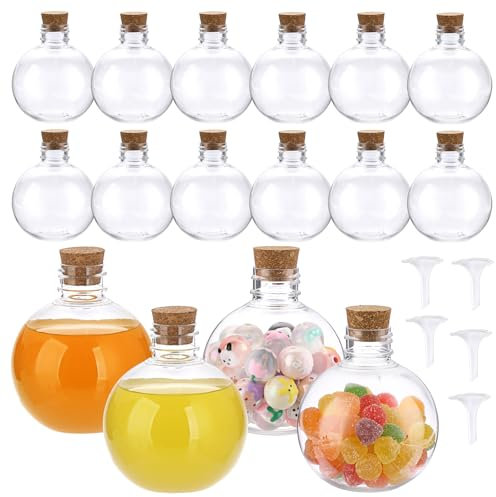 SUMTree 16 Pack 5 oz Ball Shape Plastic Potion Bottles with Corks Topper, Clear Sand Art Bottles Containers with 5 Mini Funnels Cork Bottles for Party Drinks, Magic Potion, DIY Crafts, Essential Oil
