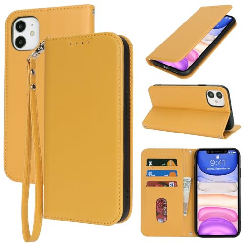 Ｈａｖａｙａ for Coque iphone 11 avec Porte Carte Flip Coque pour iphone 11 avec Cordon Court Étui Portefeuille à Rabat - Jaune