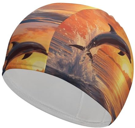 Sunset Dolphin Swim Cap Badekappe Badekappe Frauen Erwachsene Badekappen für Frauen Männer Schwimmkappe für Langes Haar Badekappen Badekappen für Frauen Schwimmen Duschkappe Schwimmhut