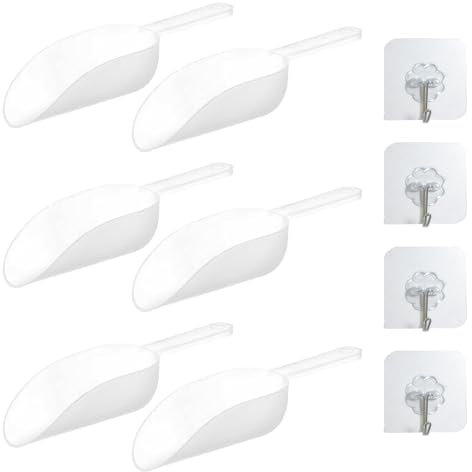Plastic Scoop Set – 6pcs Multi-Purpose Scoops for Food with 4pcs Self-Adhesive Hooks, Durable Ice Scoop for Flour, Sugar, Coffee Beans, Powder – Perfect for Kitchen, Bar, Buffet, Party, Wedding