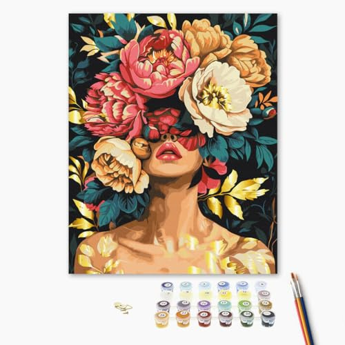 Brushme Peinture Par Numéros Adulte – 40x50 cm, Pétales Magiques, Créez une Peinture Féminine Élégante avec des Pivoines Colorées et des Teintes Dorées, Peinture Acrylique et Pinceaux Inclus