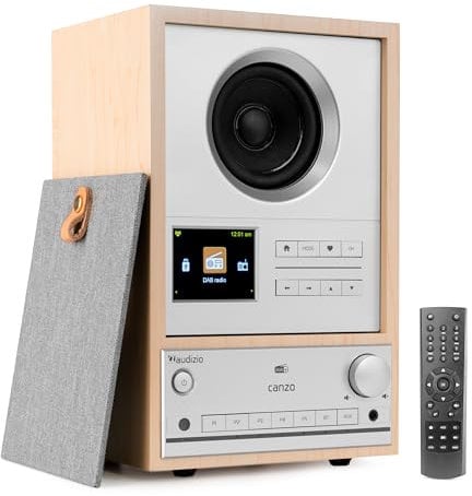 Audizio Canzo - Radio por Internet Dab+ FM con Bluetooth 5.3, USB, Altavoz 40W, Pantalla LCD a Color, WiFi y LAN RJ45, Panel extraíble, Entrada Auxiliar, Mando Incluido, Color Madera Clara