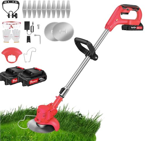 Akku Rasentrimmer mit Akku Freischneider,21V Akku Elektrischer Rasentrimmer Akku Motorsense Rasen mit 2 Batterien, Metall Schneidklingen, Teleskop-stiel Elektro Trimmer Gartenkantenfräser für Garden
