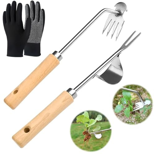 SMEILEE Unkrautstecher Edelstahl, Wurzeljäter mit Holzgriff, Gartenarbeit Hand Unkrautstecher, Unkrautjäter zum Entfernen von Moos & Unkraut, Unkraut Entferner Gerät für Gartenarbeit