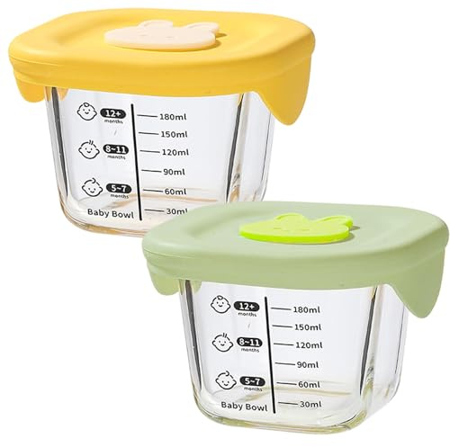 Contenedores de alimentos para bebés 2 piezas 230 ml de vidrio de borosilicato cuadrado Jares de comida para bebés con tapa y escala de silicona -20-400 ℃ Contenedores de almacenamiento de microonda