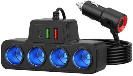 Lotnery 120W Multi Port Car Charger Adapter, 7 in 1 Vehicle Power Socket Splitter with USB C PD 3.1 QC 3.0, 12V/24V Power Hub for Laptop Phone Dash Cam Fridge, 4 Sockets 3 USB Ports