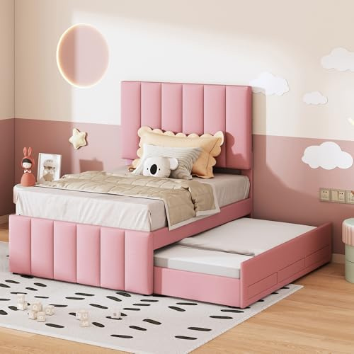 Polsterbett mit ausziehbarem Gästebett und Stauraum, höhenverstellbares Kopfteil, gepolstertes Einzelbett für Kinder Jugendzimmer