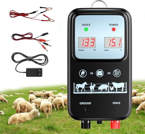 Yapasopu Weidezaungerät 12 V 2 J, Reichweite 15 km, IP44 Weidezaunpfähle, Isolatoren für Weidezaunprüfer, für Pferde, Rinder, Schweine, Ziegen, 3 Stromversorgungsmöglichkeiten (Schwarz)