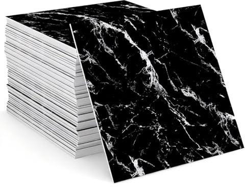 12PCS Self Adhesive Floor Tile, 30x30cm Marble Tiles Stickers, Waterproof Stick on Wall Marble Tile, PVC Peel and Stick Wall Panels for Decorative Kitchen, Bathroom, Living Room, Art DIY (Black)