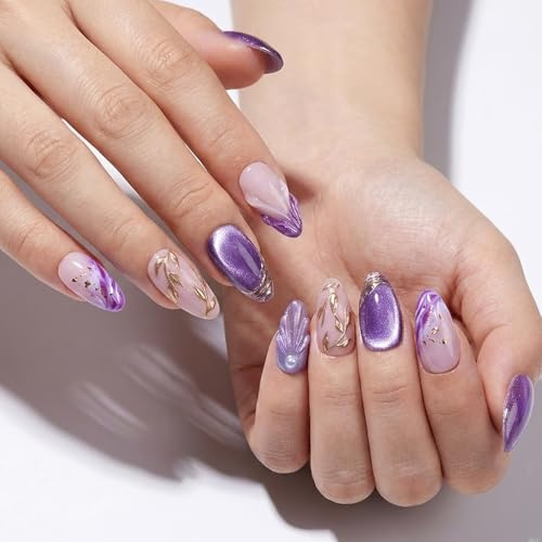 NXYCHIC 30Pcs Purple & Lilac Almond Press on Nails | Glitter Fake Nails with Gold Curve Line, Coquette Handmade Reusable Acrylic Stick on Nails for Women Girls