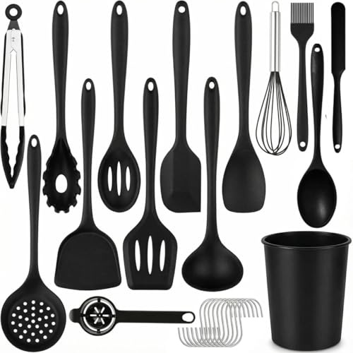 25Pcs Silicone Kitchen Utensils Set with Holder, Heat Resistant Non-Stick Cooking Utensils Tools, Kitchen Gadgets Cookware Set for Nonstick Pans (BPA Free, Dishwasher Safe, Black