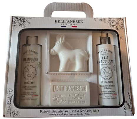 Bell'Ânesse en Provence Coffret Rituel Beauté au Lait d'Ânesse BIO, Gel Douche, Lait Démaquillant, Savon de Marseille