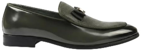 Infinity Leather Dolcetto Herren-Loafer in Olivgrün aus Strukturiertem Kunstleder mit ikonischer Schnalle und Schleife – Freizeitschuhe