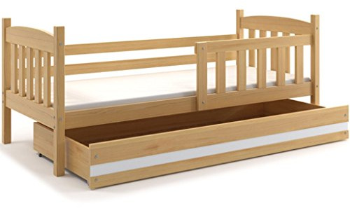 Einzelbett mit Bettkasten Giacomino 160 x 80, Bett für Kinder in Kiefer massiv, Matratze in Schwamm GRATIS. Pino naturale