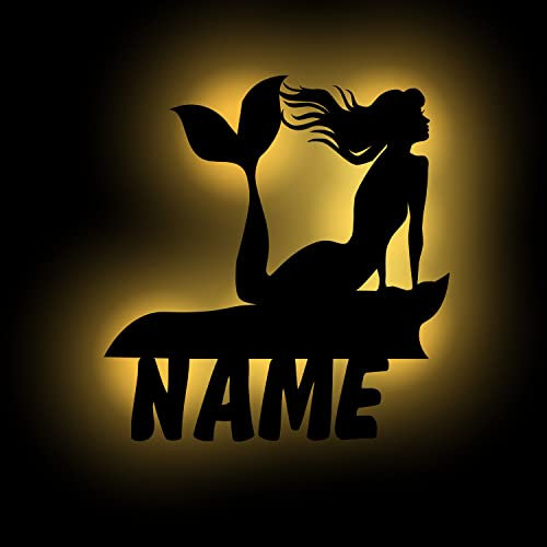 Schlummerlicht24 Licht & Deko Meerjungfrau Flosse Led Wand Lampe I Geschenke mit Name zum Geburtstag für Kinder und Erwachsene I Holz Geschenkidee