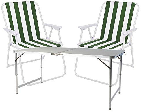 Mojawo 3tlg. Campingmöbel Set Alu 120x60x58/70cm 1x XXL Campingtisch mit Tragegriff + 2 Campingstühle grün-weiß Stoff Oxfort