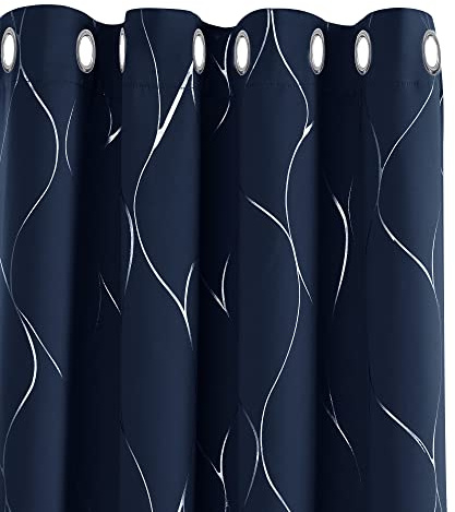 Deconovo Eyelet Curtains, Blackout Curtains, Thermal Insulated Silver Wave Line Foil Printed for Bedroom, 66 x 90 Inch(Width x Length), Navy Blue, one pair