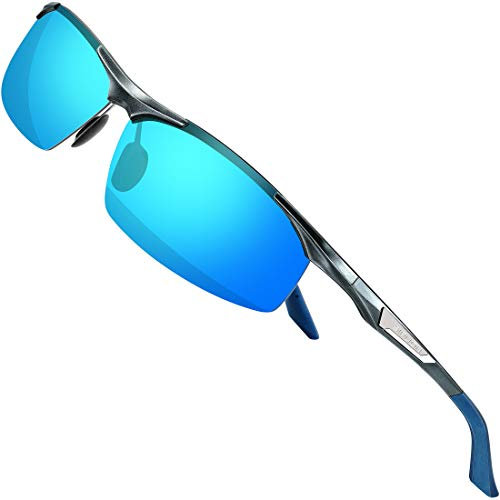SIPLION Herren Sport Polarisierte Treiber Glasses Sonnenbrillen Al-Mg Metallrahme Ultra leicht 8729 Gray+blue UV400 CAT 3 CE