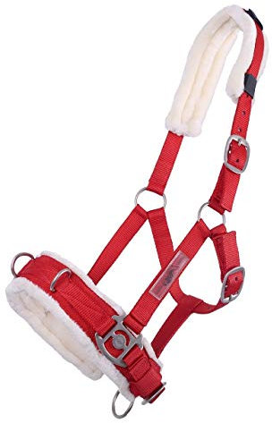 QHP Kappzaum / Halfter-Kombi Kunstfell Polsterung 3 Edelstahl D-Ringe (Shetty, Leuchtend Rot)