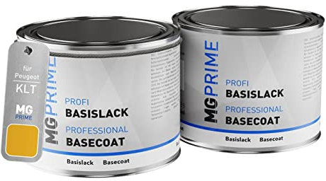 MG PRIME Vernice per auto Kit barattolo pronto all’uso per Peugeot KLT Jaune Faro Nacre/Faro Yellow Metallic Vernice di fondo + vernice di base 1,0 litri 1000ml
