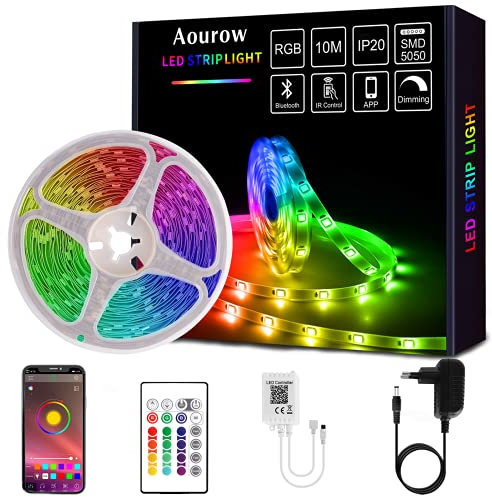 Aourow LED Strip 10m Selbstklebend,Bluetooth LED Streifen RGB mit APP-Steuerung und 24 Tasten Fernbedienung,Sync mit Musik,SMD5050 Lichtband für Party,Haus,Dekoration(Nicht wasserdicht)