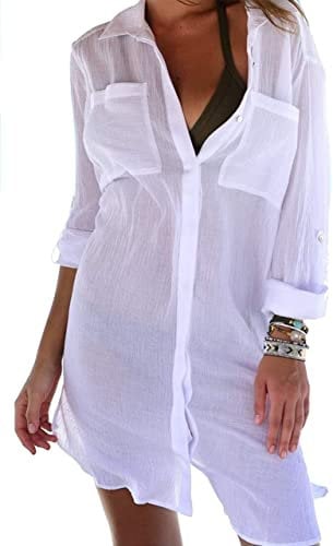 JFAN Women Bikini Cardigan Swimsuit Shirt Cover Up Swimwear Dress Lady Beachwear with Pocket Button Beach Shirt White