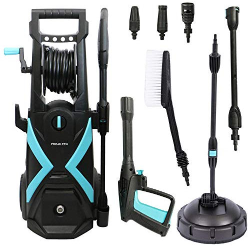 Pro-Kleen Electric Jet Power Pressure Washer, 165 Bar Max, 2.2kW, 8M Hose On Reel, High Pressure Gun, Turbo Nozzle, Fixed Brush Attachment, Patio Cleaning Attachment & More