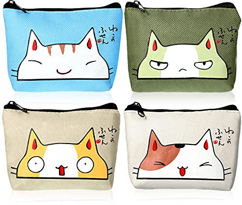 4 Pezzi Simpatico Portamonete Portafoglio da Donna con Cerniera Portamonete Portatile per Ragazze Carta di Credito Carta d'Identità Chiavi Auricolare Rossetto (Stile Gatto, Tessuto Oxford)