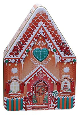 POWERHAUS24 Blechdose winterliches Lebkuchen-Haus, Geschenk, Aufbewahrung, Deko, lebensmittelecht, ca. 22,5 cm x 15,5 cm, 2 Rezepte inklusive