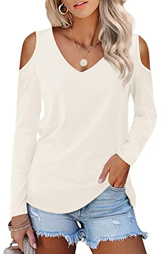 Beluring Womens Cold Shoulder Long Sleeve Tops Sexy V Neck Blouses Cream Size 12 14