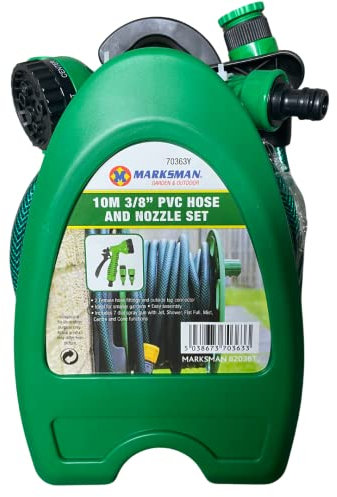 Mini 10M 3/8 PVC Hose Reel and Nozzle Set Includes 7 Spray Gun - 2 Female Hose Fittings with Outside Tap Connector - 7 Pattern Hand Spray Reinforced Garden Hose