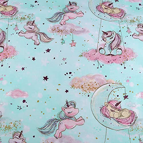 0,5m Baumwoll-Stoff Einhornmotiv Meterware Kinderstoff Baumwolle Farbwahl, Farbe:helltürkis