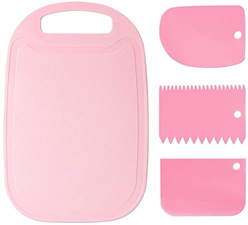 Plastic Chopping Board Set, BPA Free Kitchen Cutting Board Wheat Straw pp Vegetable Board with 3pcs Baking Tools Plastic Scraper for Cutting Meat, Vegetables, Fruit, Cheeses and Bread, Pink