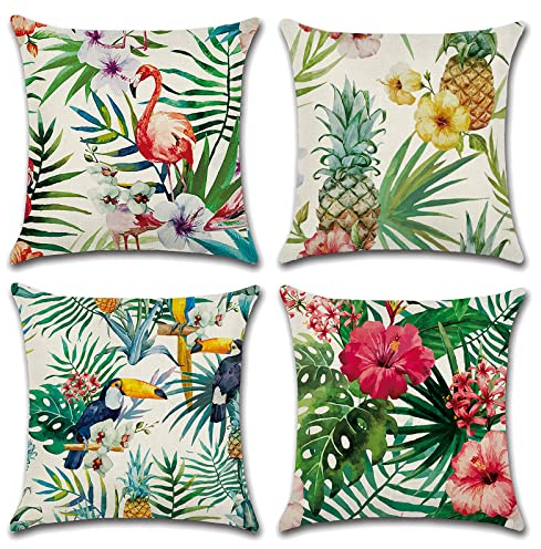 OCEUMACO Leinen Kissenbezug 40x40 Dschungel Muster Kissenhülle 4er Set Quadratisch Dekokissen Sofakissen Bezug für Couch Natur Vogel Kissen Kissenbezüge Deko Zierkissen Couchkissen Outdoor