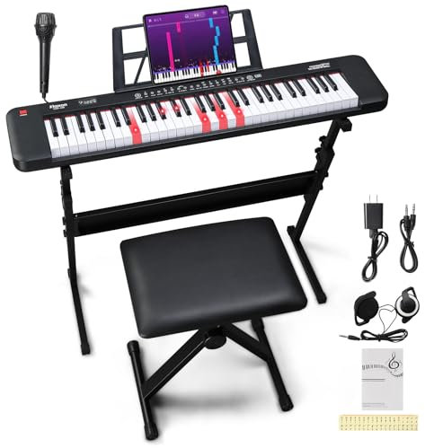 Ktaxon 61 Key Piano Keyboard with Lighted Keys, Electronic Keyboards with Z-Style Piano Stand, Piano Bench, Music Rest, Headphones, Microphone, Power Adapter and Manual