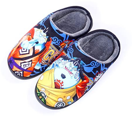 Roffatide Anime One Piece Fuzzy Slippers Jinbe Closed Toe Open Back Slippers with Rubber Sole House Slippers Non-Slip Indoor Plush Shoes for Women 4.5-5/ Men 5-5.5