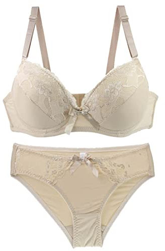 VSEISNOO UK Size Sexy Lace Padded Bra Panties set Ladies sets Lingerie Sets Womens Underwear Beige