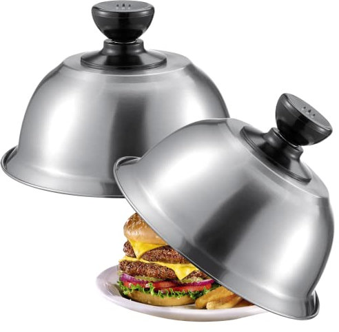 Varku 2pcs Burger Covers, Stainless Steel Round Basting Covers for Griddle Grill, Cheese Melting Domes with Anti-Scald Handle, Steaming Covers for Cooking Hamburgers Steaks Bacon (2Pcs)