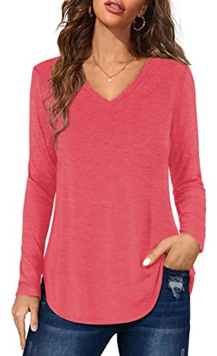 Florboom Womens Blouses V Neck Casual Shirts Long Sleeve Loose Tops, Pink 8 10