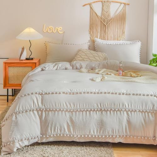 Freyamy Böhmen Bettwäsche 200x220cm 3teilig Beige Pom Pom Boho Chic Bettwäsche Gewaschene Microfaser Bettwaren-Sets Weiche Quaste Bettbezug mit Reißverschluss und 2 Kissenbezug 80x80cm
