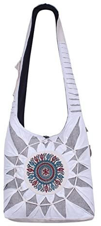 Vishes Damen Umhängetasche Stoff Beuteltasche Schulter Taschen Yogi Bag Baumwolltasche Mandala beige