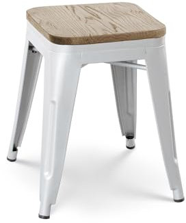 Tabouret en métal Blanc Mat Style Industriel et Assise en Bois Clair - sans Dossier - Hauteur 46 cm